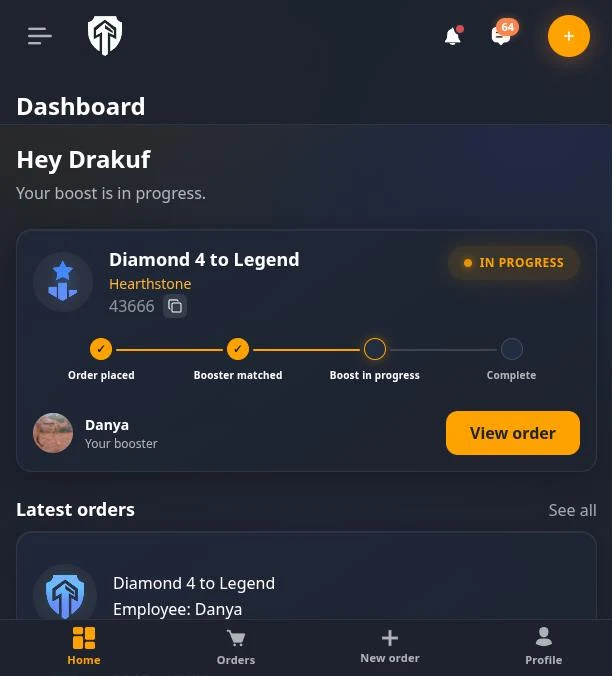 Dashboard cliente BuyBoosting con un ordine di boost in corso, fasi di avanzamento e chat con il booster